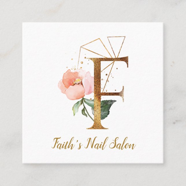 Letter F with Gold Geometric Design and Flowers Square Business Card (Front)