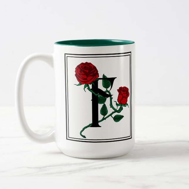 Letter F with Red Roses Two-Tone Coffee Mug (Left)