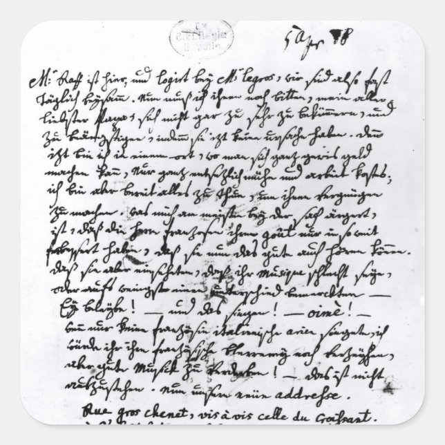 Letter from Mozart to his Father, 5th April Square Sticker (Front)