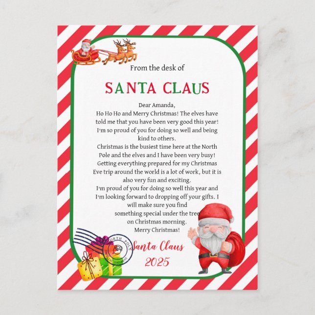 Letter From Santa Claus Christmas Postcard (Front)