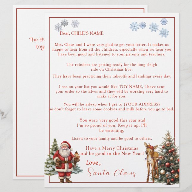 Letter from Santa Claus Snowflakes Reindeer (Front/Back)