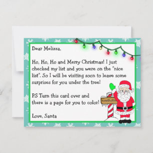 Letter from Santa for Kids + Colouring Page on Bac Postcard