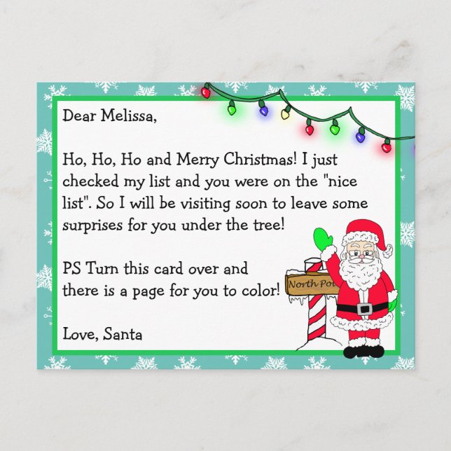Letter from Santa for Kids + Colouring Page on Bac Postcard (Front)