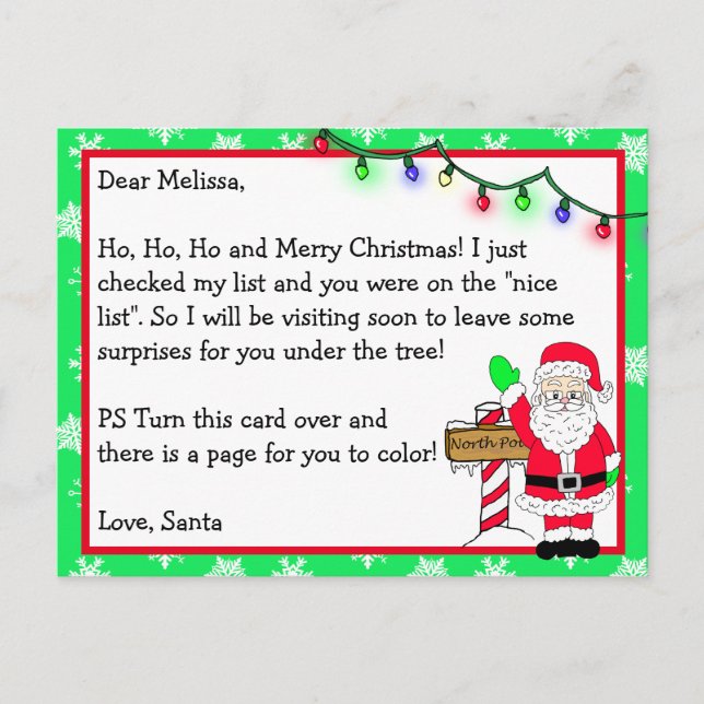 Letter from Santa for Kids + Colouring Page on Bac Postcard (Front)