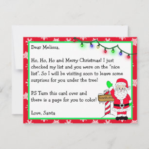 Letter from Santa for Kids + Colouring Page on Bac Postcard
