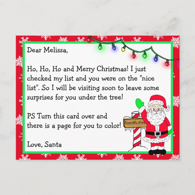 Letter from Santa for Kids + Colouring Page on Bac Postcard (Front)