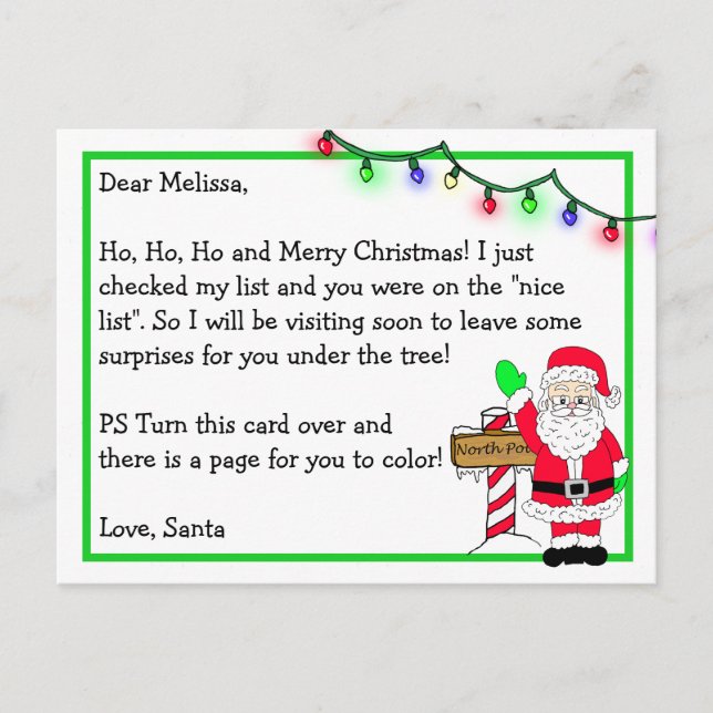 Letter from Santa for Kids + Colouring Page on Bac Postcard (Front)