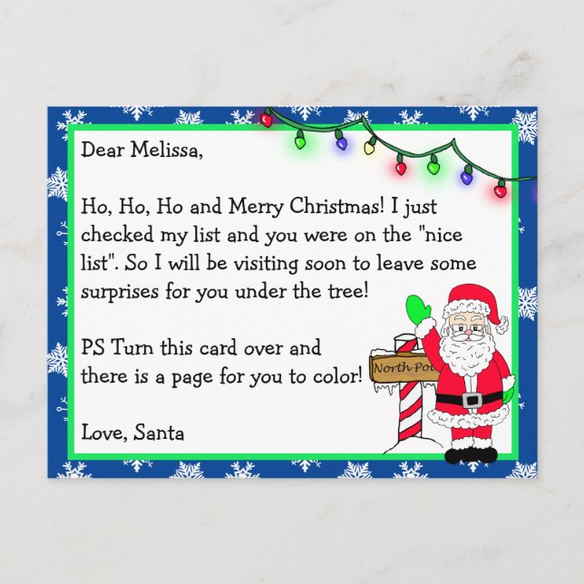 Letter from Santa for Kids + Colouring Page on Bac Postcard (Front)