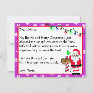 Letter from Santa for Kids + Colouring Page on Bac Postcard