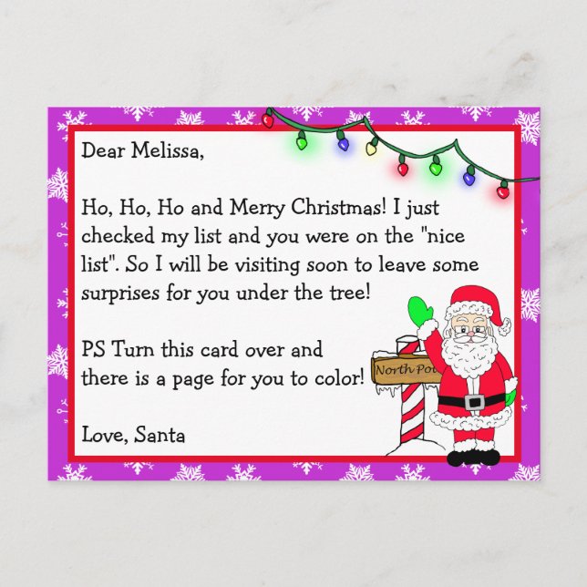 Letter from Santa for Kids + Colouring Page on Bac Postcard (Front)