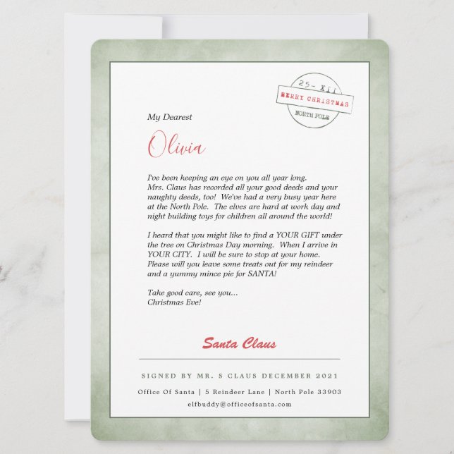 Letter From Santa North Pole Holiday Card (Front)