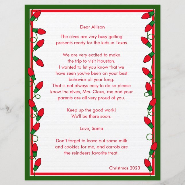 Letter from Santa Red Ornaments Paper Sheet (Front)