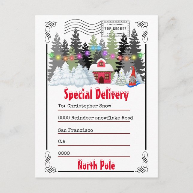 Letter from Tomte | winter forest log cabin gnome Postcard (Front)