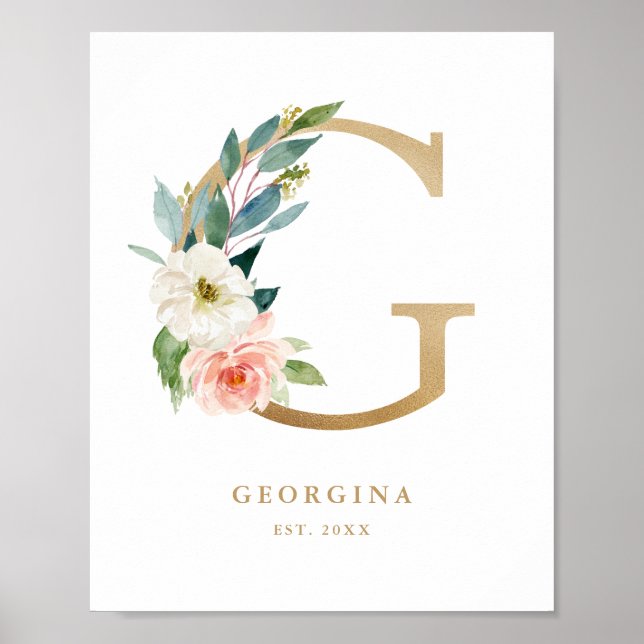 Letter G Blush Floral Monogram Gold Foil Nursery  Poster (Front)