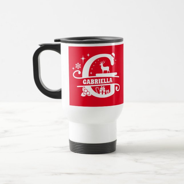 Letter G Christmas Monogram Initial Name Red  Travel Mug (Left)