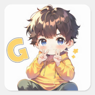 Letter G Cute Boy Anime Square Sticker
