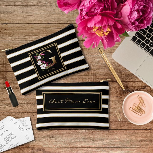 Letter G Floral Monogram Black White Gold Stripes Accessory Pouch (Creator Uploaded)