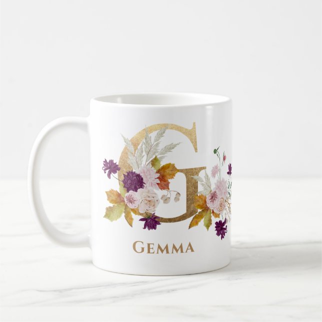 Letter G - Gold Floral Name sister coworker friend Coffee Mug (Left)