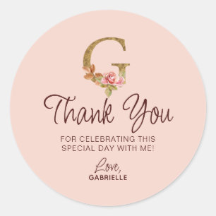 Letter G Gold Monogram Blush Pink Roses Classic Round Sticker