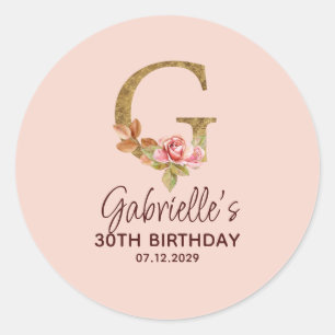 Letter G Gold Monogram Blush Pink Roses Classic Round Sticker
