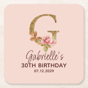 Letter G Gold Monogram Blush Pink Roses Square Paper Coaster