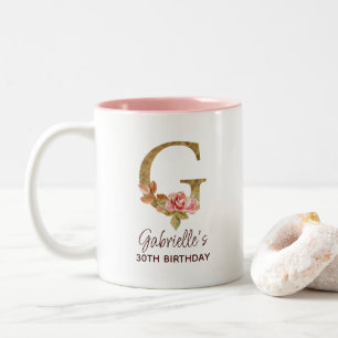 Letter G Gold Monogram Blush Pink Roses Two-Tone Coffee Mug