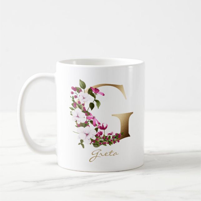 Letter G Gold Monogram |White Magenta Green Floral Coffee Mug (Left)