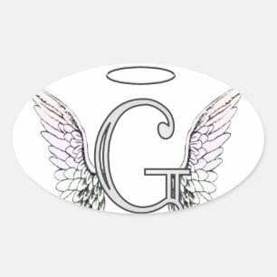 Letter G Initial Monogram with Angel Wings & Halo Oval Sticker