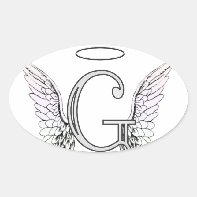 Letter G Initial Monogram with Angel Wings & Halo Oval Sticker (Front)