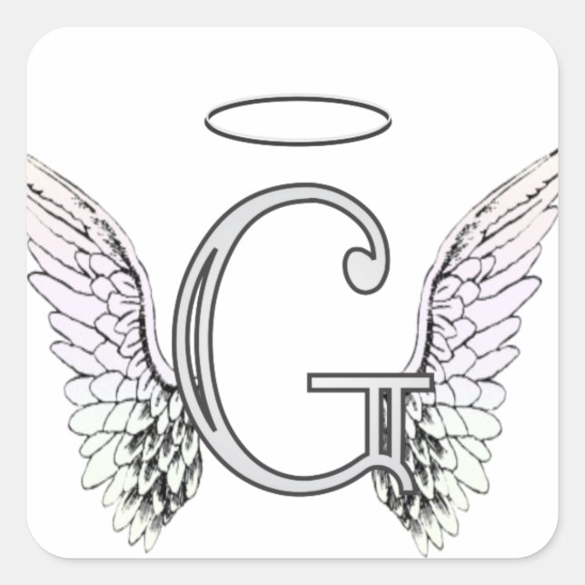 Letter G Initial Monogram with Angel Wings & Halo Square Sticker (Front)