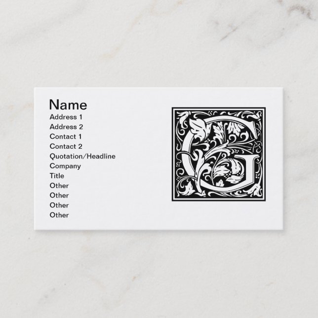 Letter G Mediaeval Monogram Art Nouveau Business Card (Front)