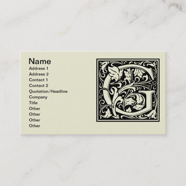 Letter G Mediaeval Monogram Art Nouveau Business Card (Front)