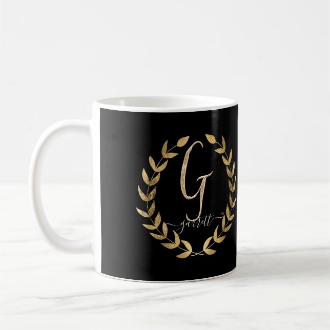 Letter G Monogram Black n Gold Name in Script Coffee Mug (Left)