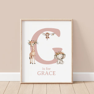 Letter G Monogram Boho Safari Animals Nursery Wall Poster
