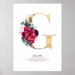 Letter G Monogram Floral Burgundy Red and Gold Poster