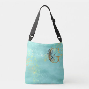 *~ LETTER G - Monogram Gold Glitter Turquoise Blue Crossbody Bag