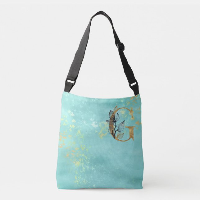 *~ LETTER G - Monogram Gold Glitter Turquoise Blue Crossbody Bag (Front)