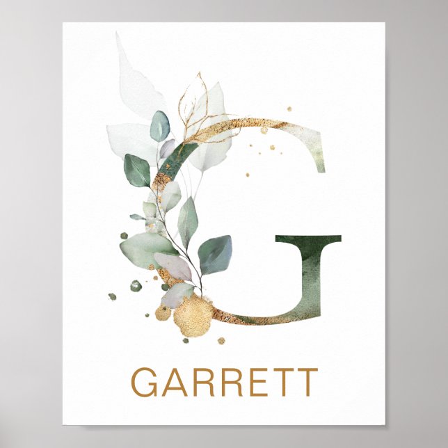 Letter G Monogram Green & gold foliage Nursery Poster (Front)