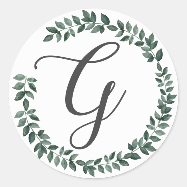 Letter G Monogram Minimalist Botanical Leaf Wreath Classic Round Sticker (Front)