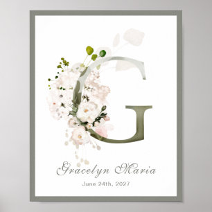 Letter G Monogram Pink White Floral Nursery Poster