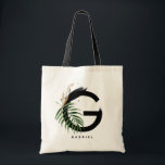Letter G Monogram | Tropical Leaves Personalised Tote Bag<br><div class="desc">Customisable letter G monogram tote bag featuring watercolor tropical leaf,  faux gold foil leaf and black watercolor brush accents. Personalise this tropical monogram tote bag by adding your name or other details. This boho letter G monogram tote bag will be perfect as a gift. Other letters are available.</div>