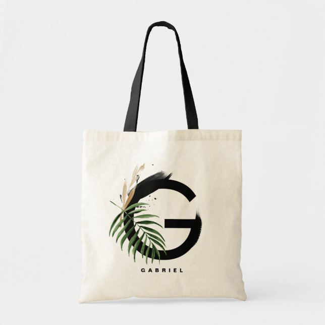 Letter G Monogram | Tropical Leaves Personalised Tote Bag (Front)