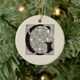 Letter G Monogram Vintage Celtic Knot Print Ceramic Tree Decoration