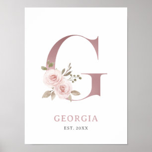 Letter G Monogram Watercolor Rose Florals Nursery Poster