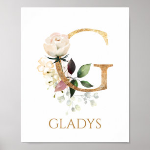 Letter G Monogram white cream rose Nursery Poster