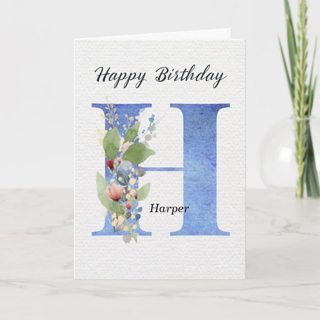 Letter H Birthday Custom Name Her Blue Monogram Card (Front)