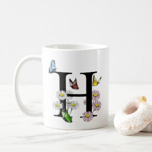  Letter H Botanical Watercolor Butterfly Monogram  Coffee Mug