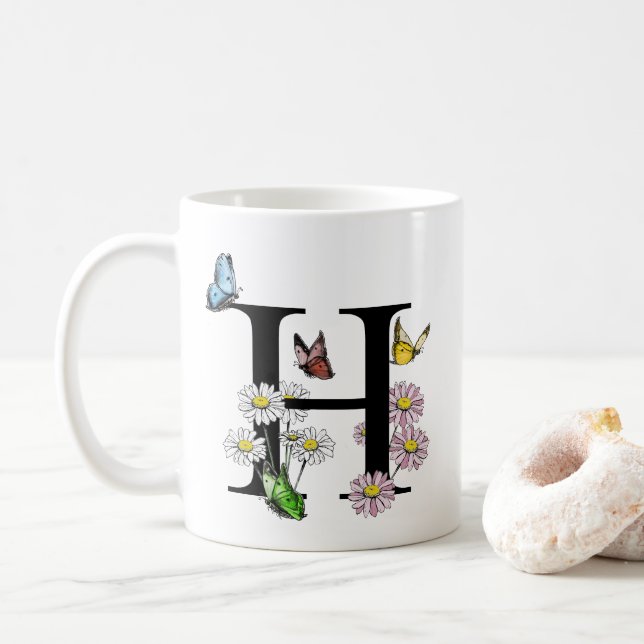  Letter H Botanical Watercolor Butterfly Monogram  Coffee Mug (With Donut)
