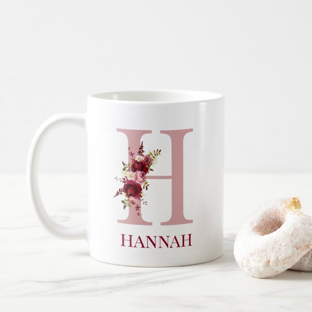 Letter H Burgundy Blush Floral Coffee Mug (With Donut)