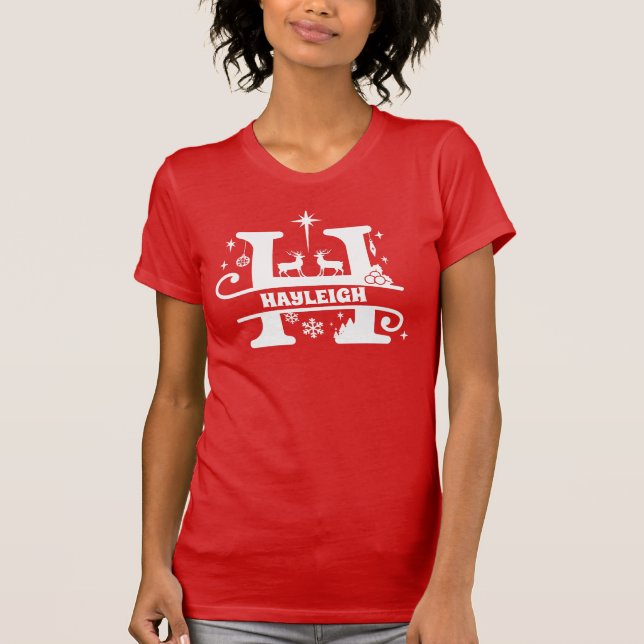 Letter H Christmas Monogram Initial Name Red   T-S T-Shirt (Front)